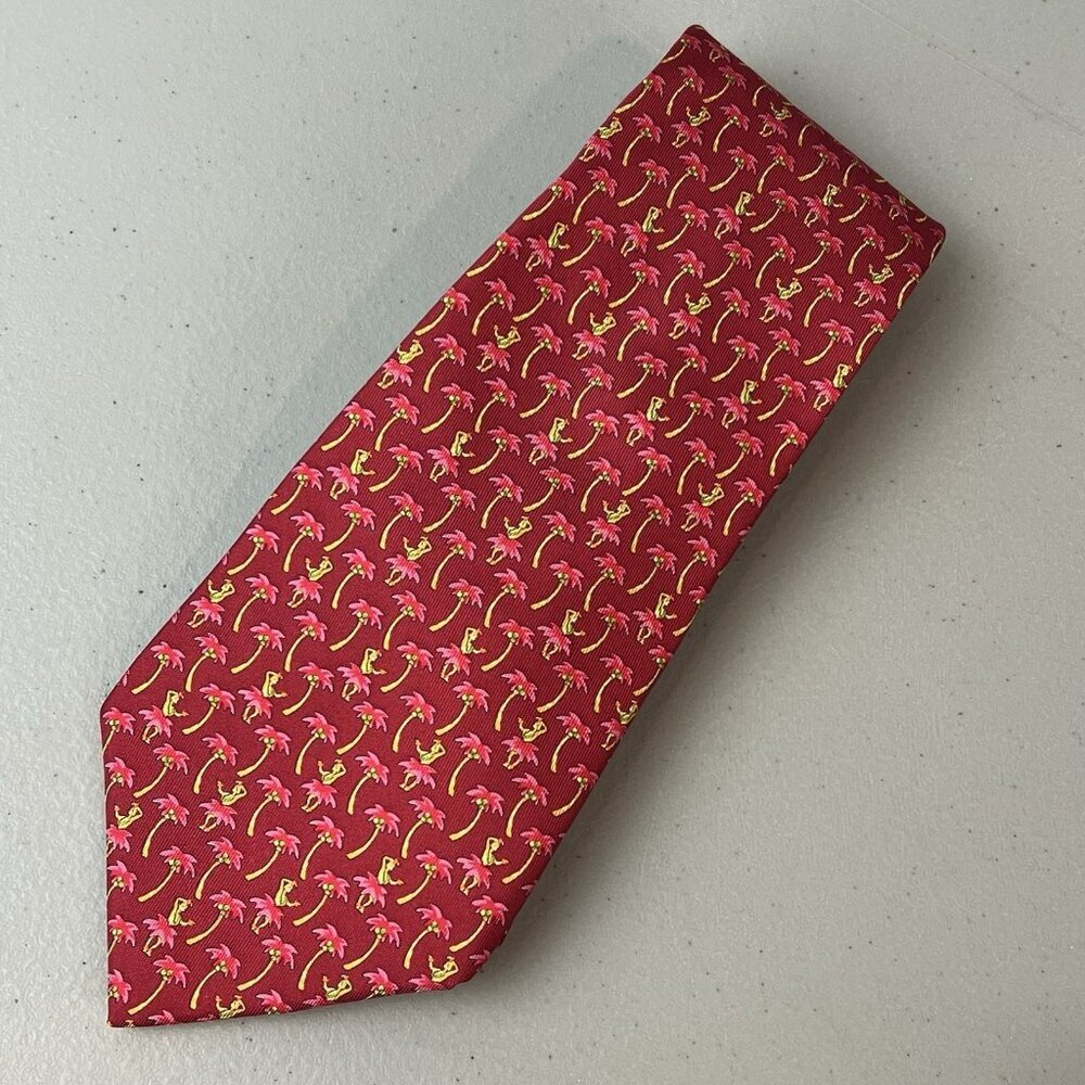 Salvatore Ferragamo Hula Girl Palm Tree‎ Silk Necktie Tiki Tie Pink Red